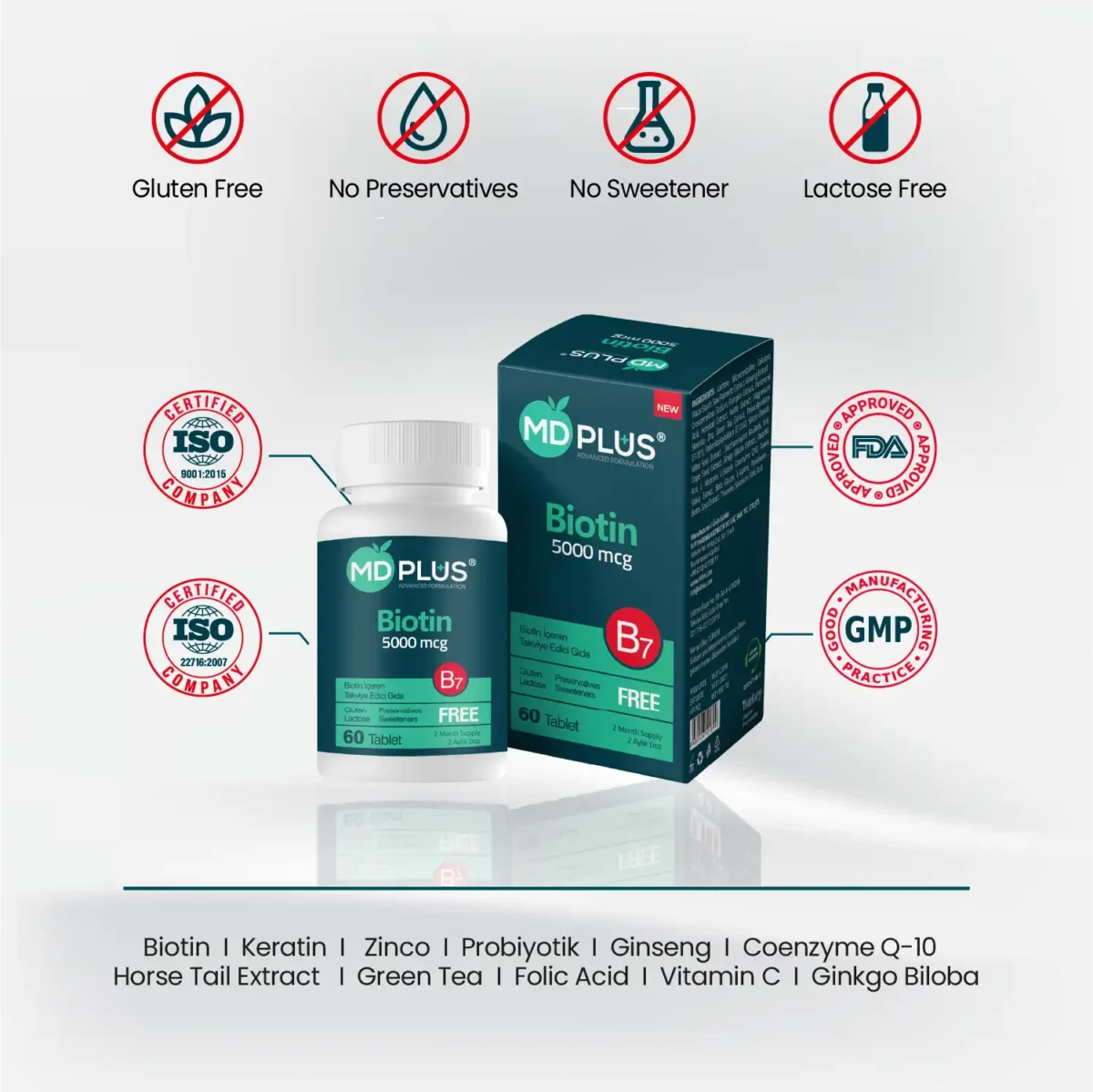 MD‑Plus Biotin 5000 mcg with free‑from icons and quality references