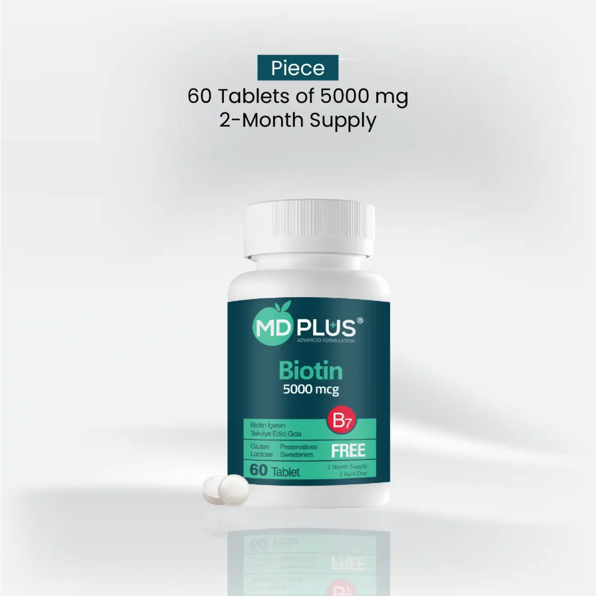 MD‑Plus Biotin 5000 mcg bottle, 60 tablets two‑month supply