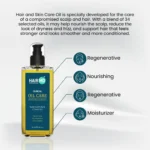 Benefit callouts for HairMD Oil Care with icons for regenerative, nourishing and moisturizing effects