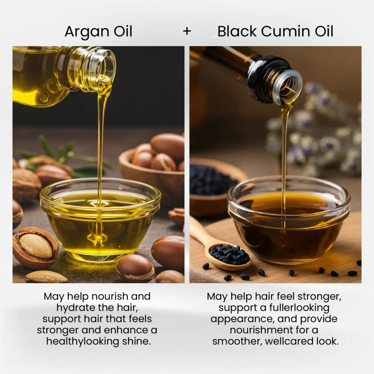 Argan oil and black cumin oil pouring into glass bowls as featured in HairMD Oil Care