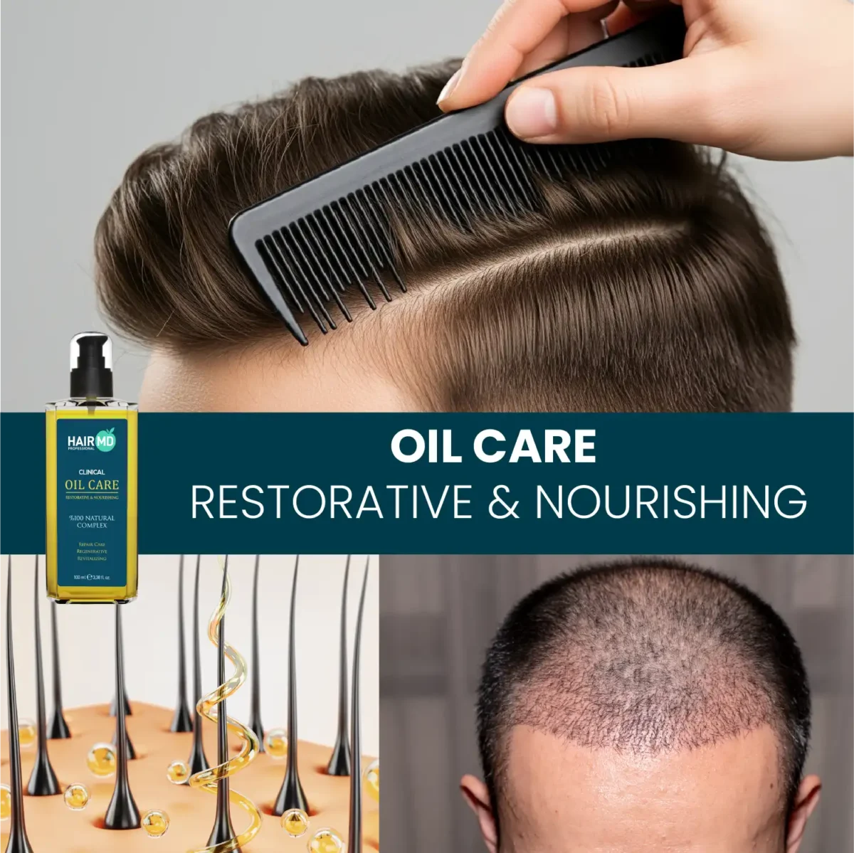 Lifestyle collage showing combing, scalp strand graphic and before‑care look with HairMD Oil Care