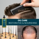 Lifestyle collage showing combing, scalp strand graphic and before‑care look with HairMD Oil Care