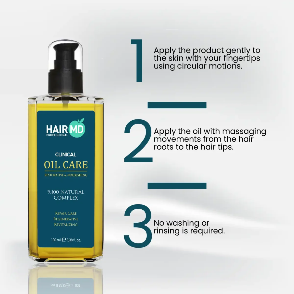 Three‑step application guide for HairMD Oil Care 100 ml