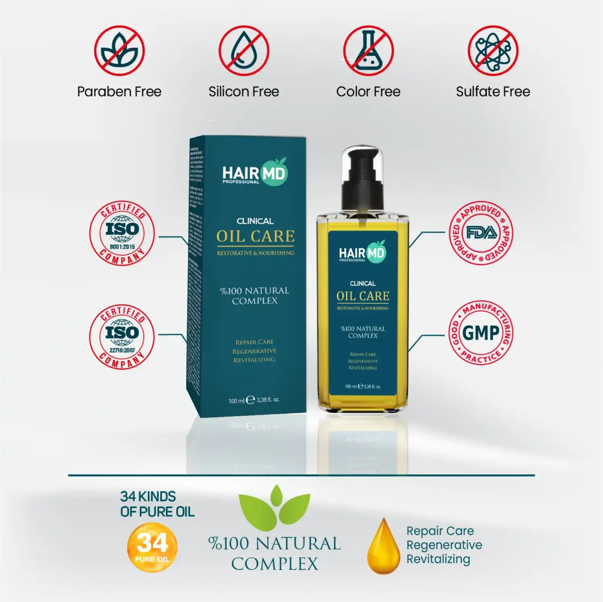 HairMD Oil Care pack with free‑from icons and ISO, FDA, GMP references; 34 pure oils noted