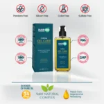HairMD Oil Care pack with free‑from icons and ISO, FDA, GMP references; 34 pure oils noted