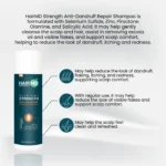 Benefit callouts for HairMD 250 ml anti‑dandruff shampoo highlighting cosmetic scalp comfort