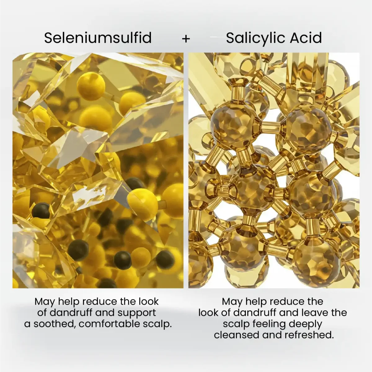 Golden macro visuals of Selenium Sulfide and Salicylic Acid concepts for HairMD 250 ml shampoo