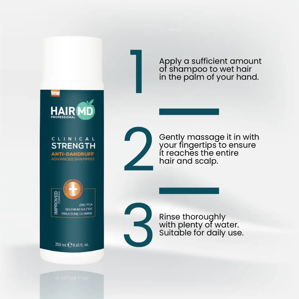 Three‑step usage instructions for HairMD 250 ml anti‑dandruff shampoo