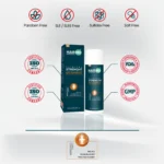 HairMD 250 ml Anti‑Dandruff Shampoo with free‑from icons and ISO, FDA, GMP references