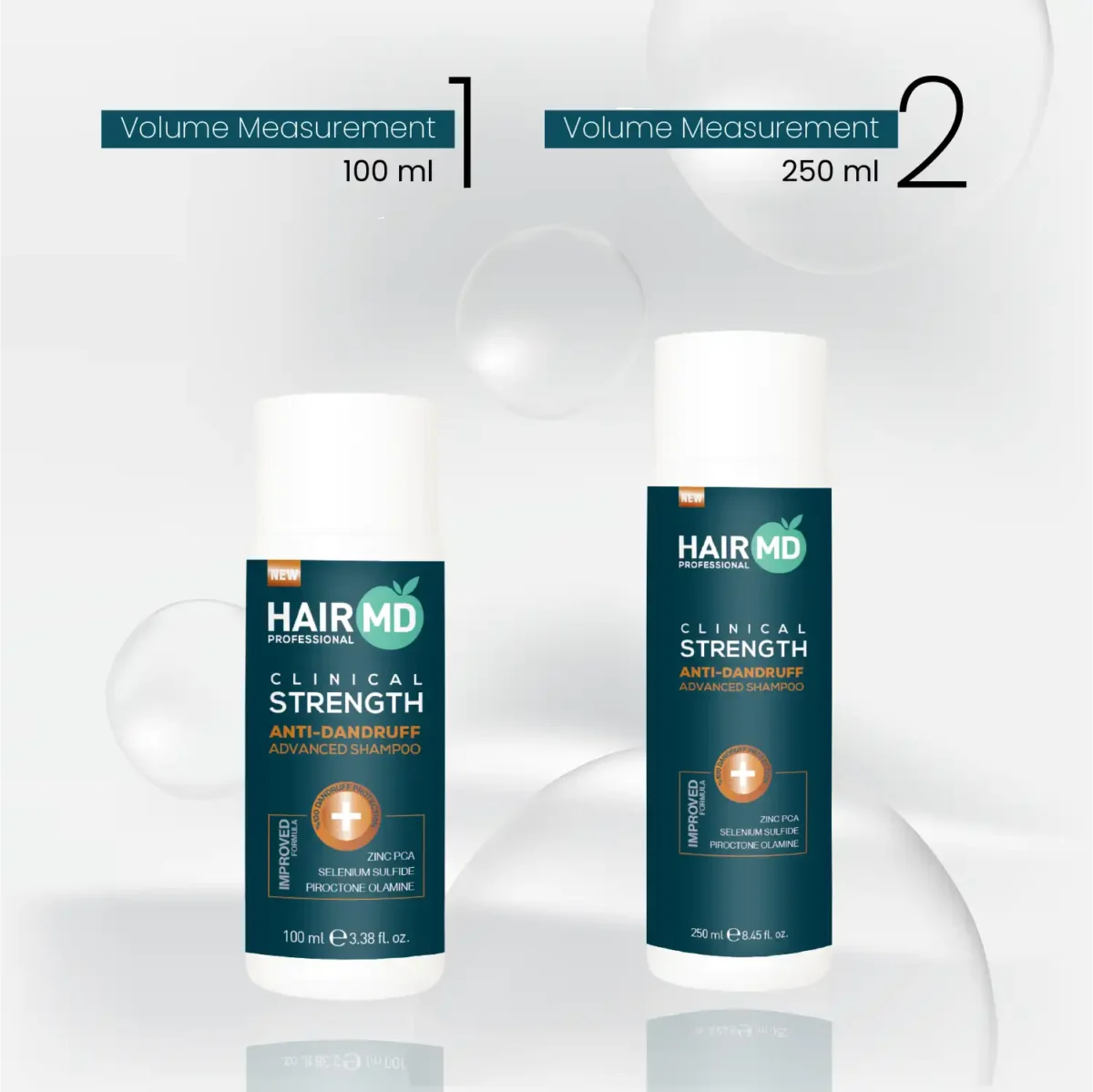 Side‑by‑side size comparison of HairMD anti‑dandruff shampoo 100 ml and 250 ml