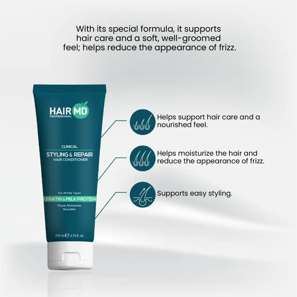 Benefit callouts for HairMD Styling & Repair Conditioner with icons