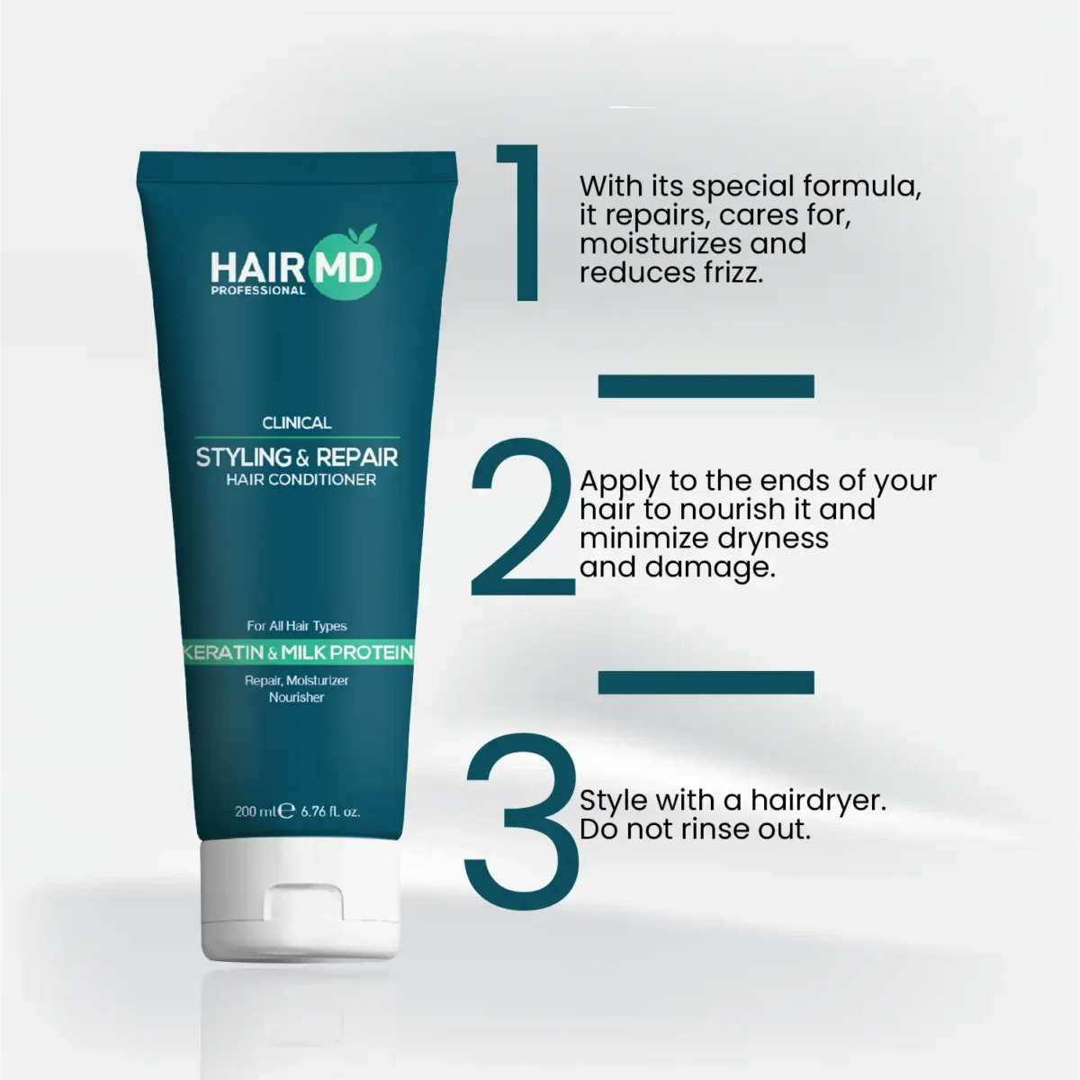 Three‑step usage guide for HairMD leave‑in Styling & Repair Conditioner