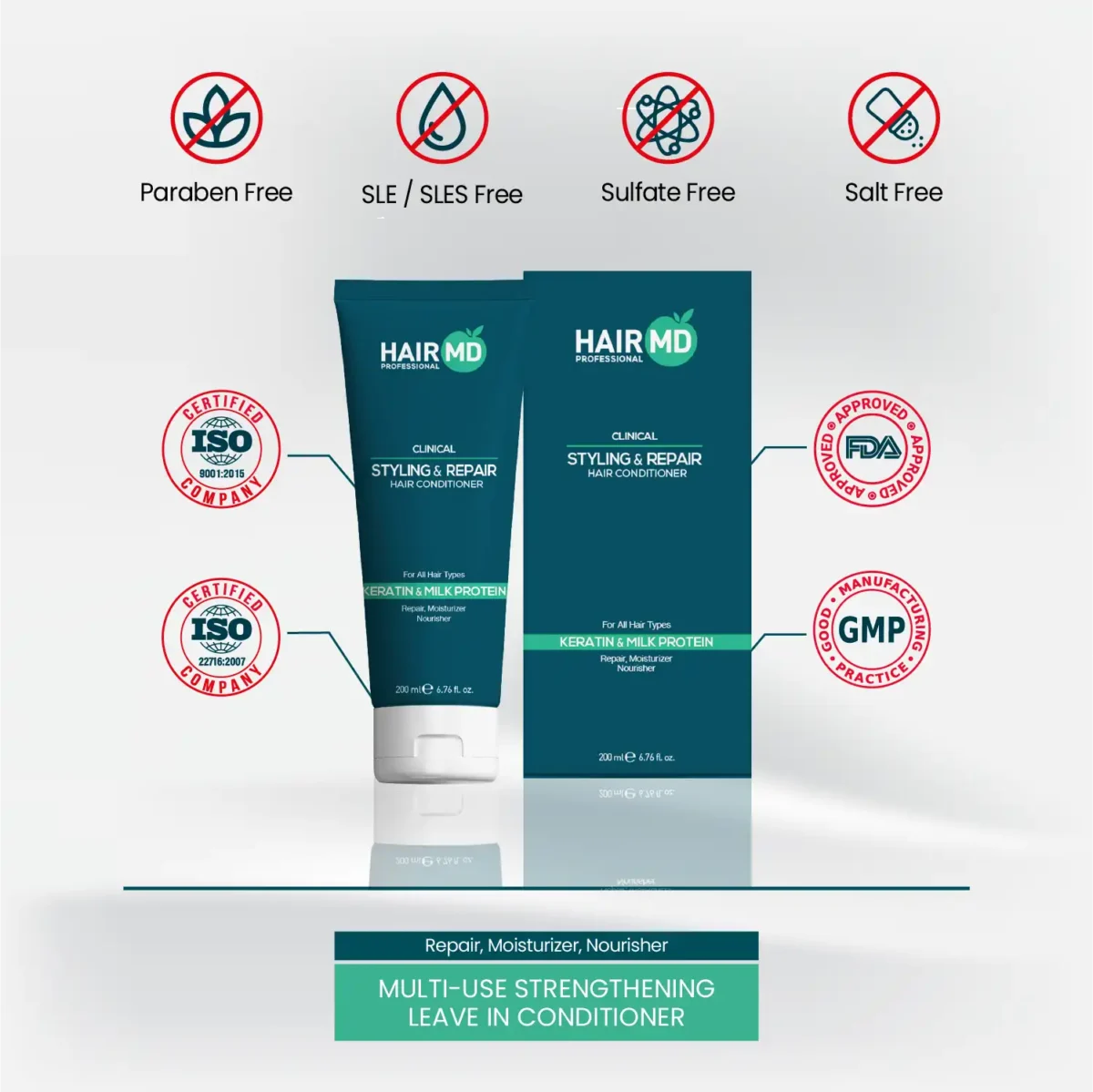HairMD Styling & Repair Conditioner with free‑from icons and ISO, FDA, GMP references