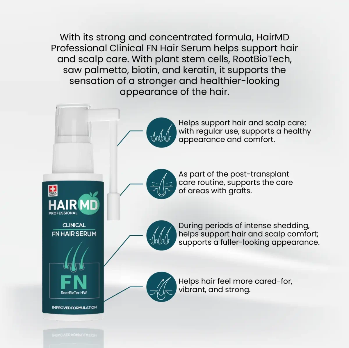 Benefit callouts for HairMD FN Hair Serum including scalp comfort and fuller‑looking appearance