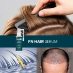 Lifestyle collage showing combing hair, scalp graphic and close‑up head with HairMD FN Hair Serum