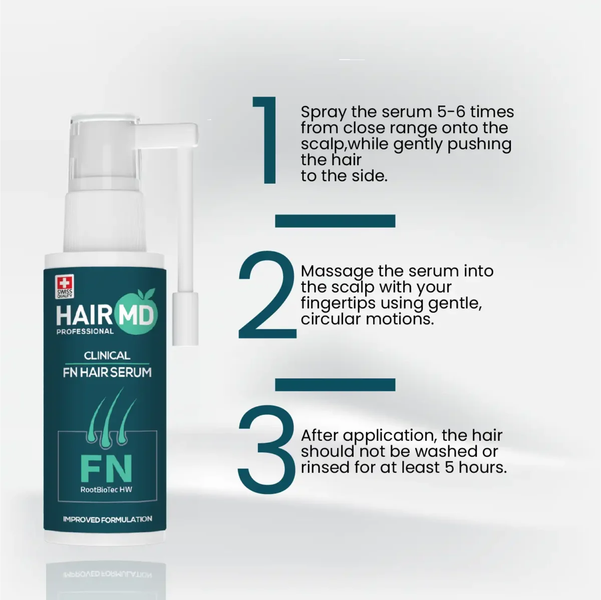Three‑step usage guide for HairMD FN Hair Serum with spray and massage instructions