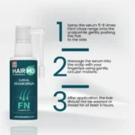 Three‑step usage guide for HairMD FN Hair Serum with spray and massage instructions