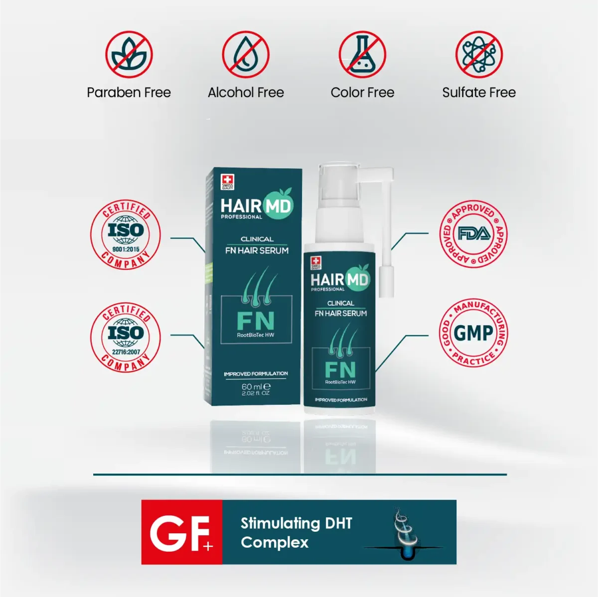 HairMD FN Hair Serum pack with free‑from icons and ISO, FDA, GMP references; GF+ stimulating complex note