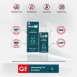 HairMD FN Hair Serum pack with free‑from icons and ISO, FDA, GMP references; GF+ stimulating complex note