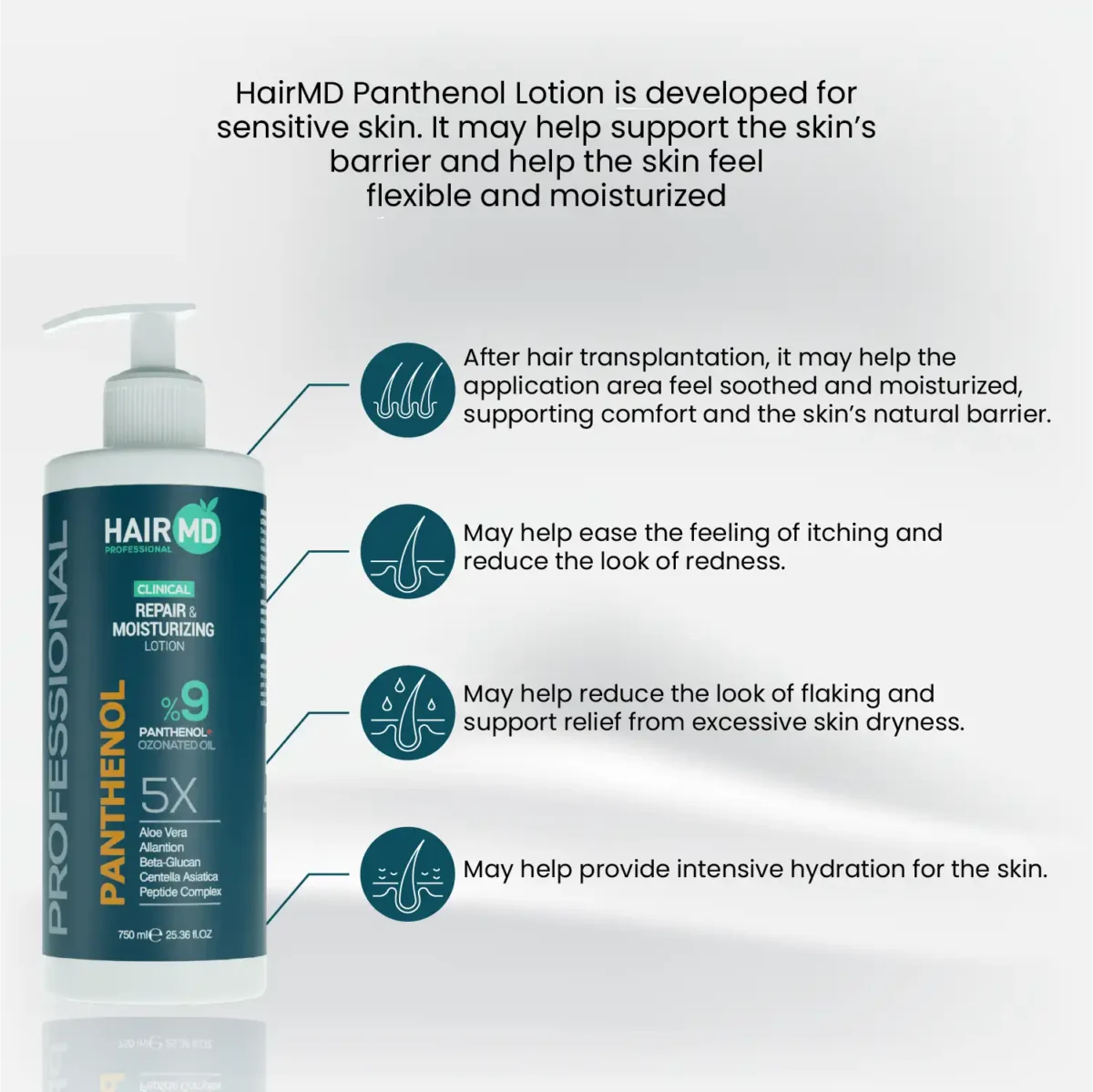 Benefit callouts for HairMD Panthenol Lotion designed for sensitive skin