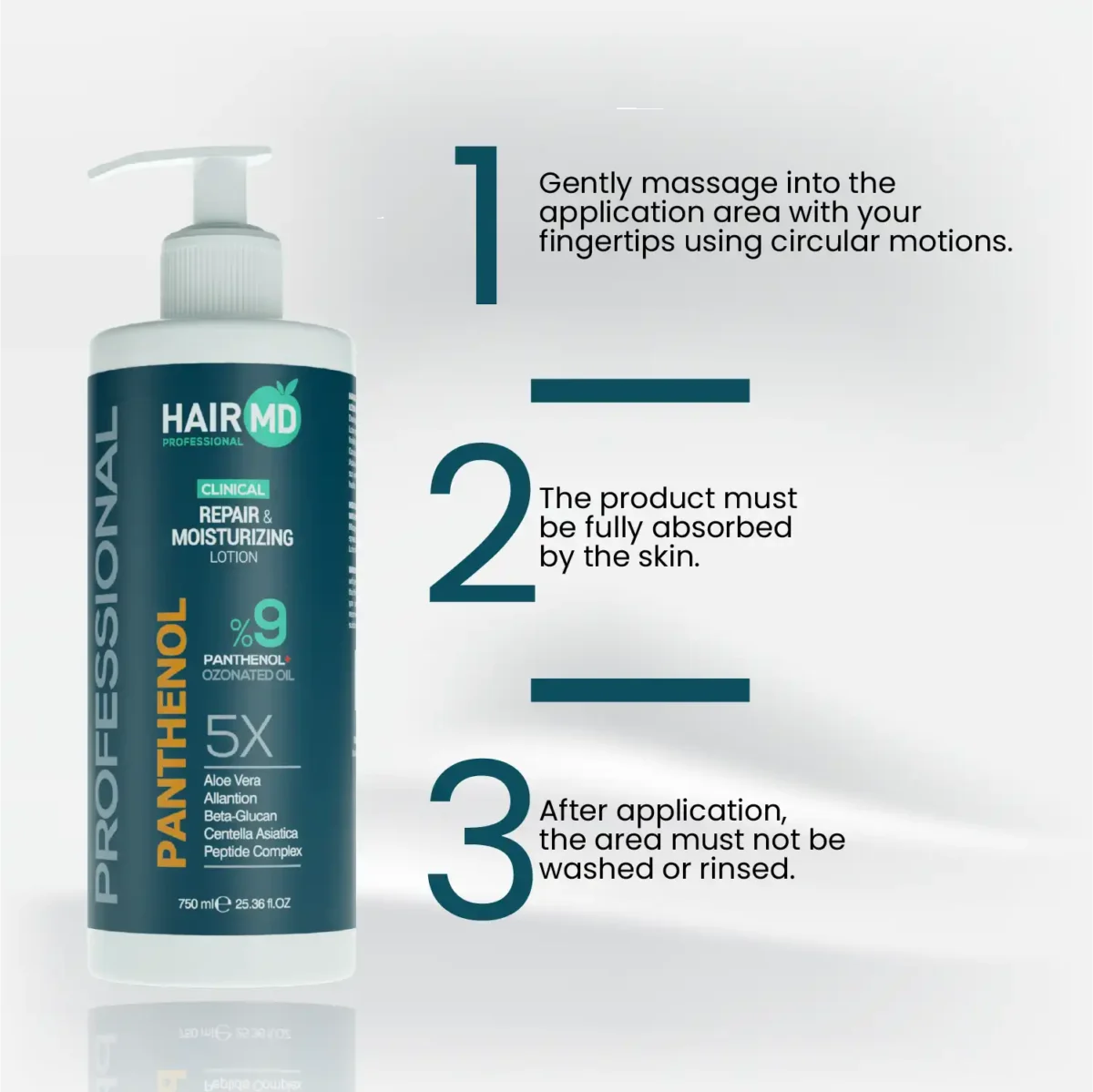 Three‑step usage guide for HairMD Panthenol 9% Lotion 750 ml