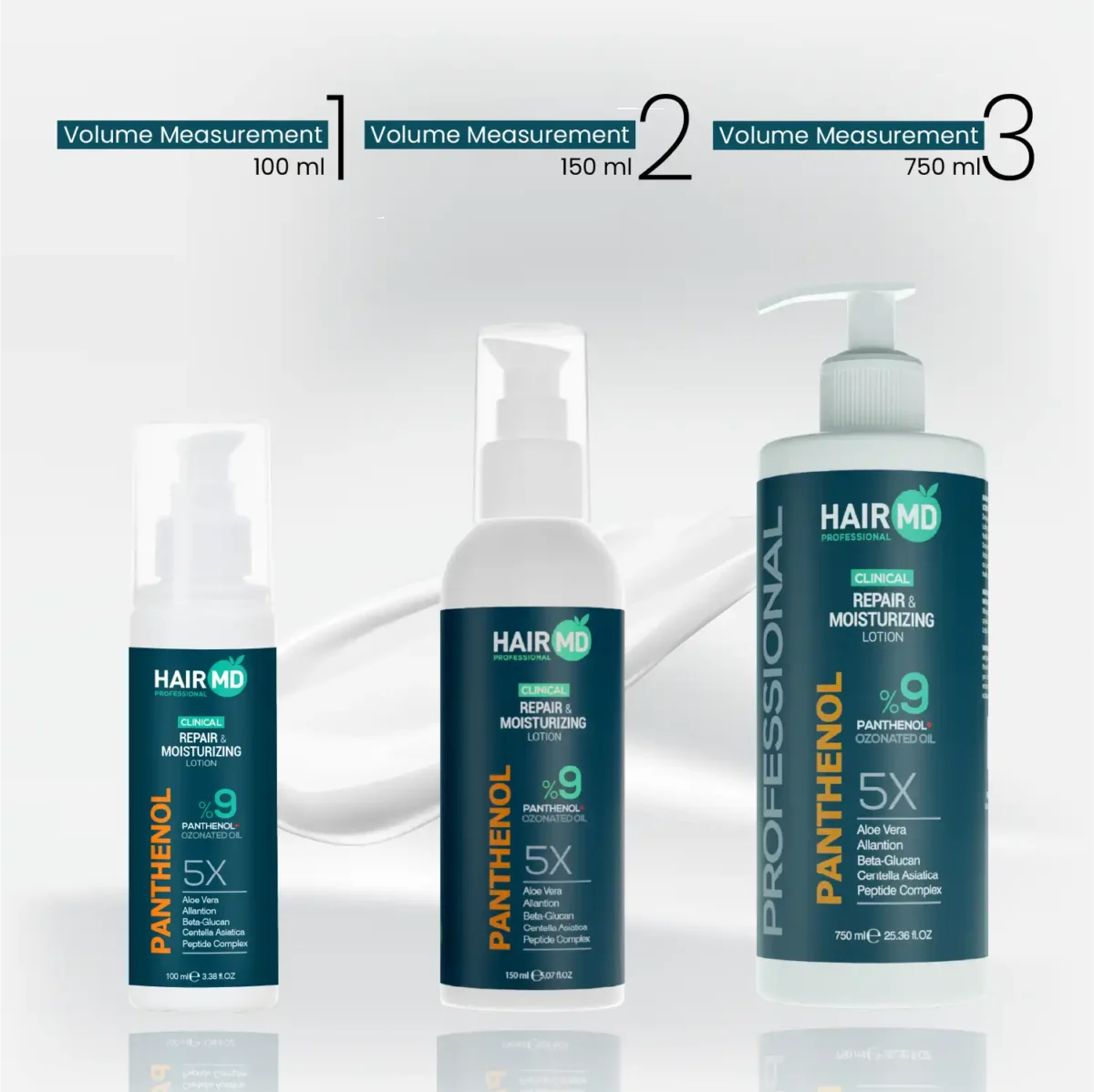 Size comparison of HairMD Panthenol Lotion in 100 ml, 150 ml and 750 ml bottles