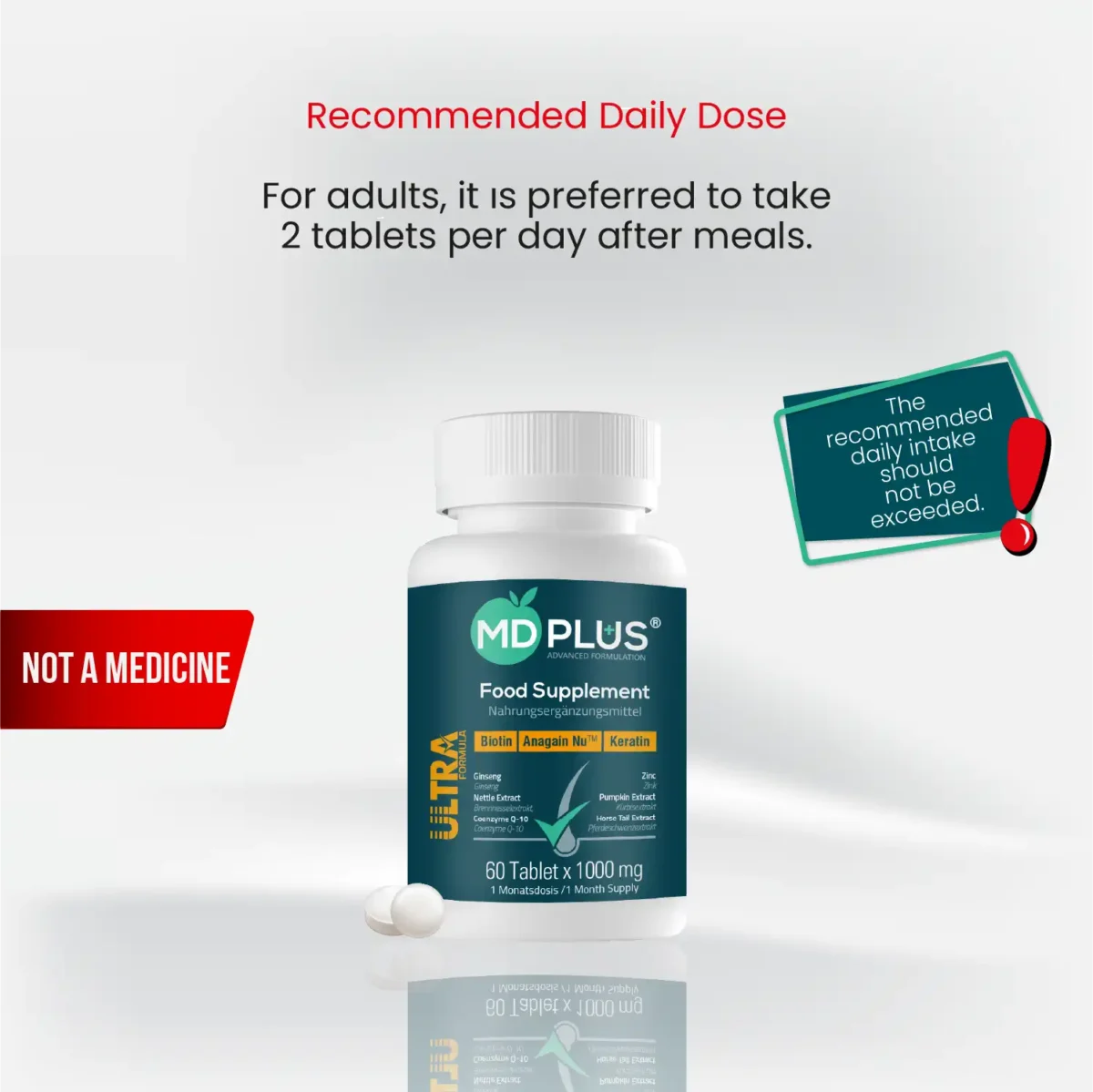 Recommended daily dose graphic for MD‑Plus Ultra Hair Multivitamin bottle