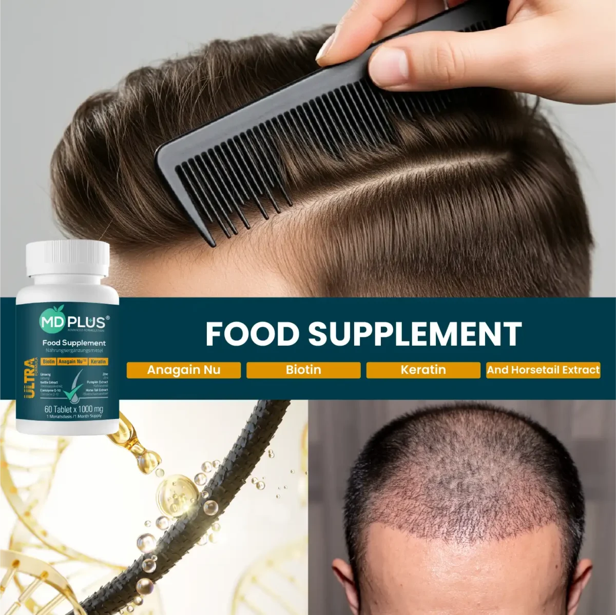 Lifestyle collage with combing hair, supplement bottle, and cosmetic hair visuals
