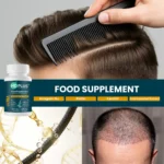 Lifestyle collage with combing hair, supplement bottle, and cosmetic hair visuals