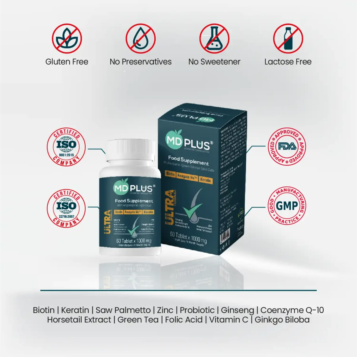 MD‑Plus Ultra Hair Multivitamin pack with free‑from icons and ISO, FDA, GMP references
