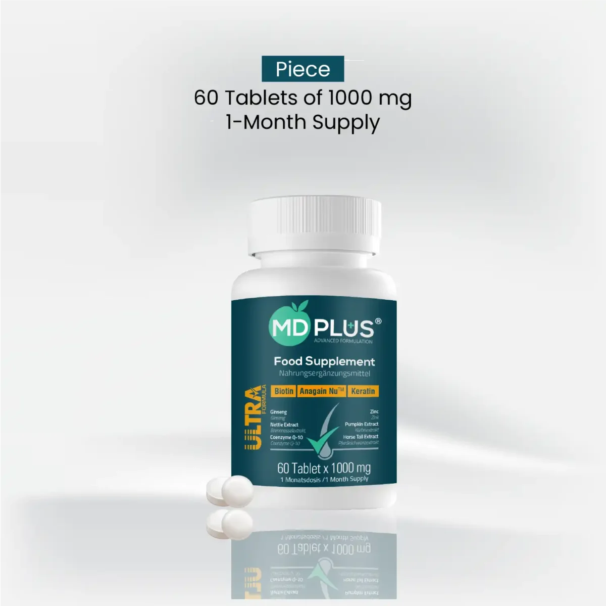 MD‑Plus Ultra Hair Multivitamin bottle with text “60 tablets of 1000 mg – 1‑month supply”