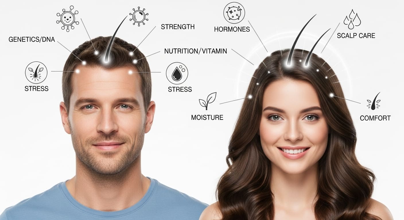 Hair Loss and Supportive Care Hairmd Clinical Hair Repair Set Review | Hairmd Clinical Series Products Man and woman with healthy hair showing key factors for hair health—genetics, hormones, strength, nutrition, stress, moisture, scalp care, and comfort—illustrated with icons.
