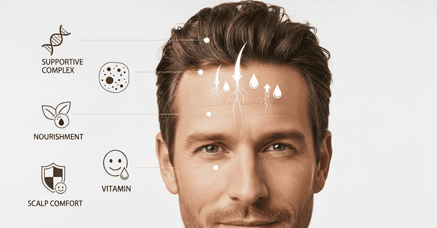 Hair-growth-factors-the-supportive-role-of-active-ingredients-in-meso-serum-for-hair-follicles | Hairmd Clinical Series Products Man with healthy hair showing supportive complex, nourishment, vitamin, and scalp comfort benefits for hair growth.