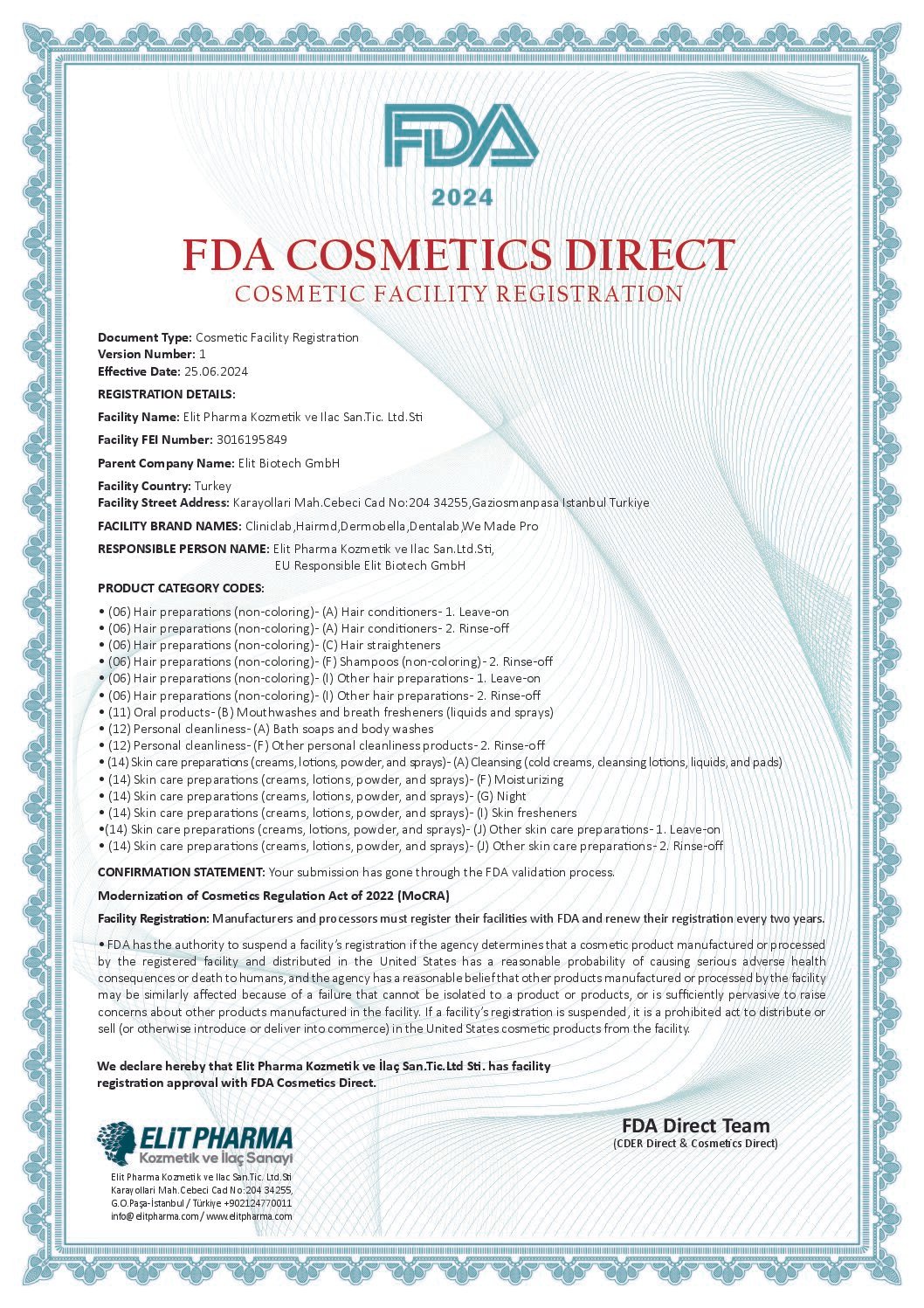 Fda Cosmetic Facility Registration Certificate for Hairmd Hair Care Products | Hairmd Clinical Series Products