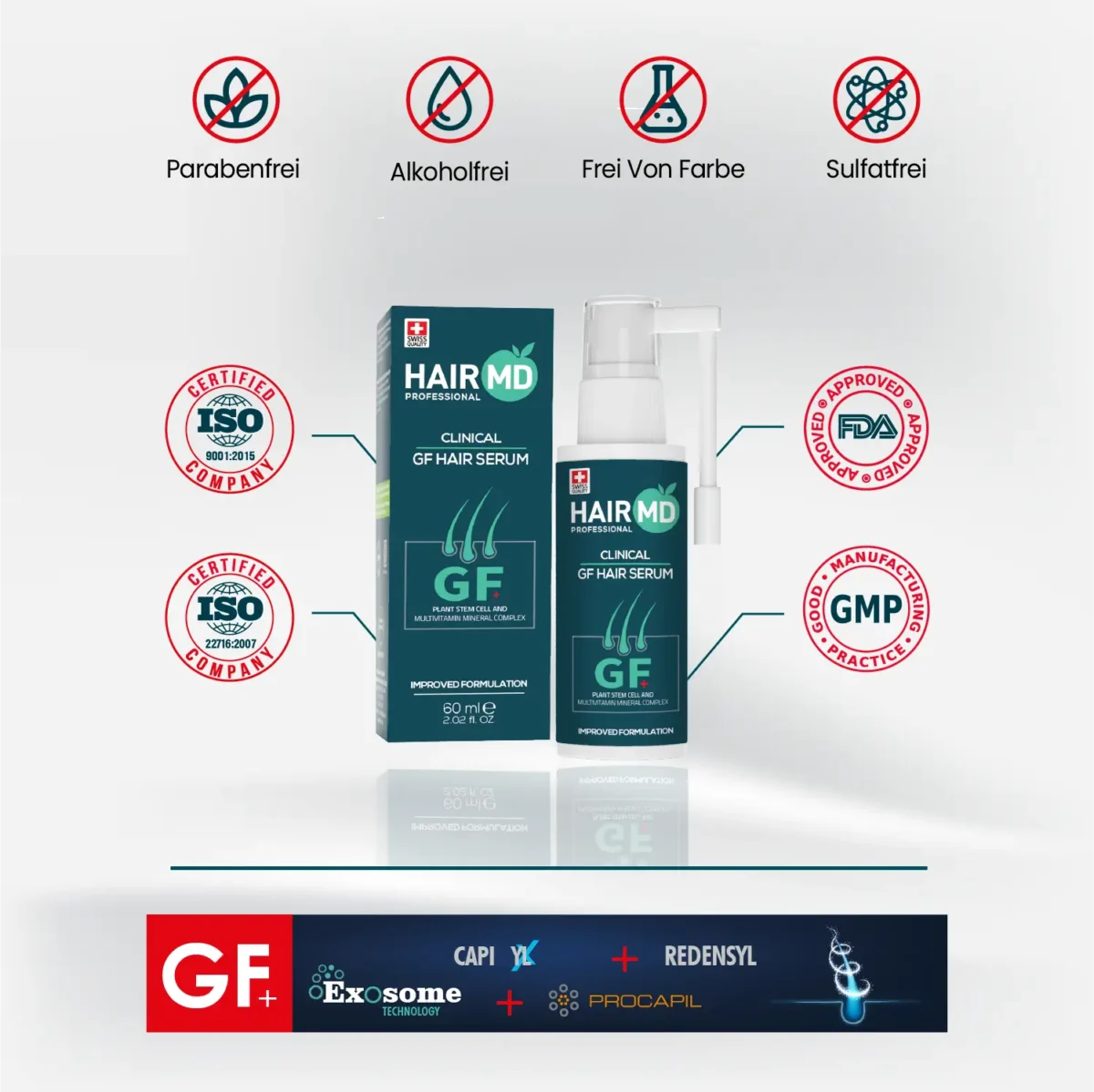 HairMD GF+ Hair Serum pack with free‑from icons (paraben‑free, alcohol‑free, color‑free, sulfate‑free), ISO, FDA, GMP references