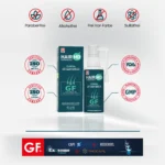 HairMD GF+ Hair Serum pack with free‑from icons (paraben‑free, alcohol‑free, color‑free, sulfate‑free), ISO, FDA, GMP references