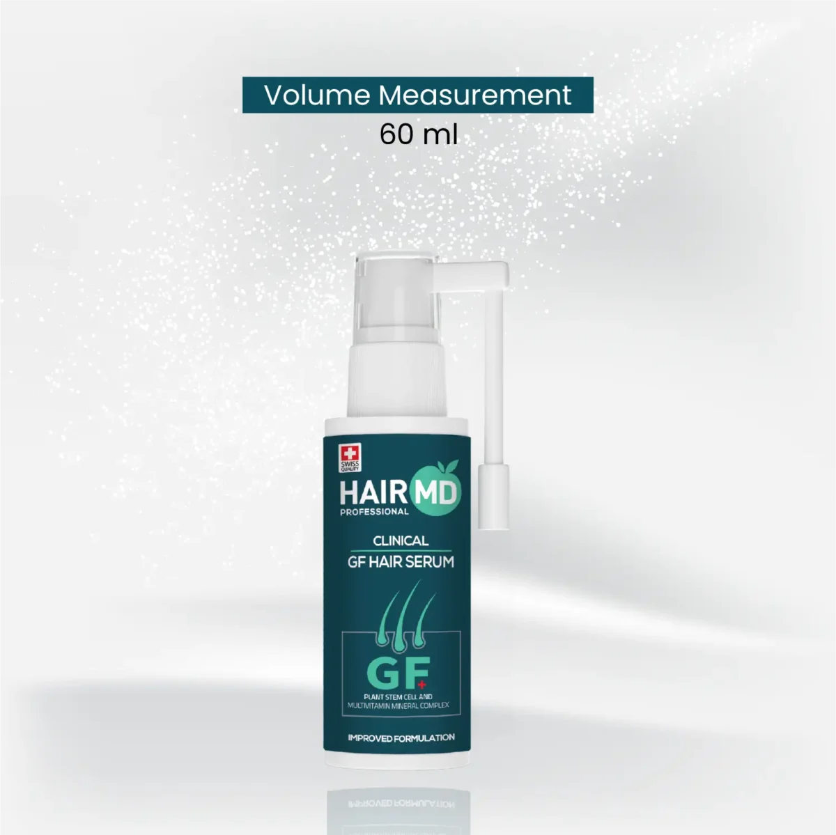 Single bottle of HairMD GF+ Hair Serum showing 60 ml volume measurement