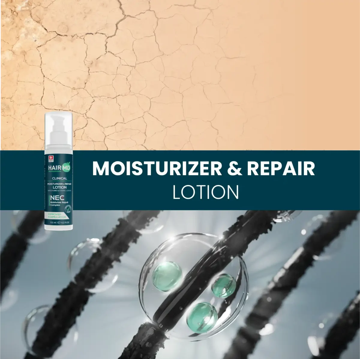Collage with dry skin texture, lotion bottle and glossy moisture capsules