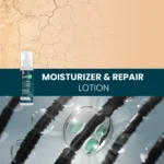 Collage with dry skin texture, lotion bottle and glossy moisture capsules