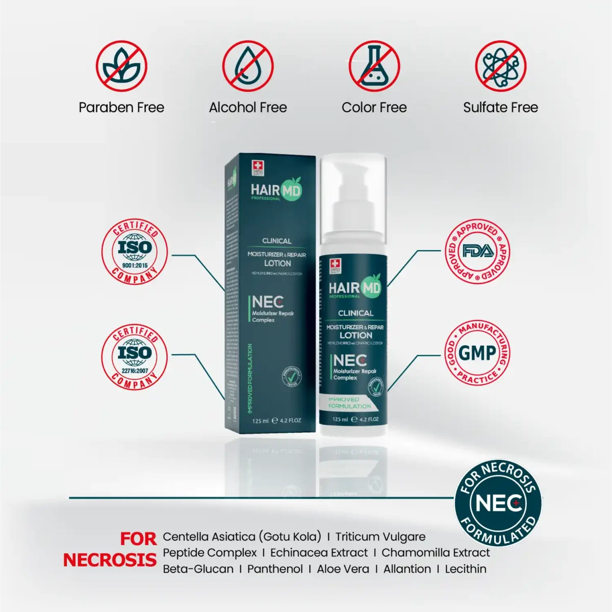 HairMD Moisturizer & Repair Lotion with free‑from icons and certification badges