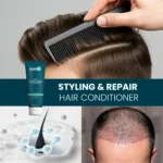 Lifestyle collage with combing hair and conditioner texture for HairMD Styling & Repair